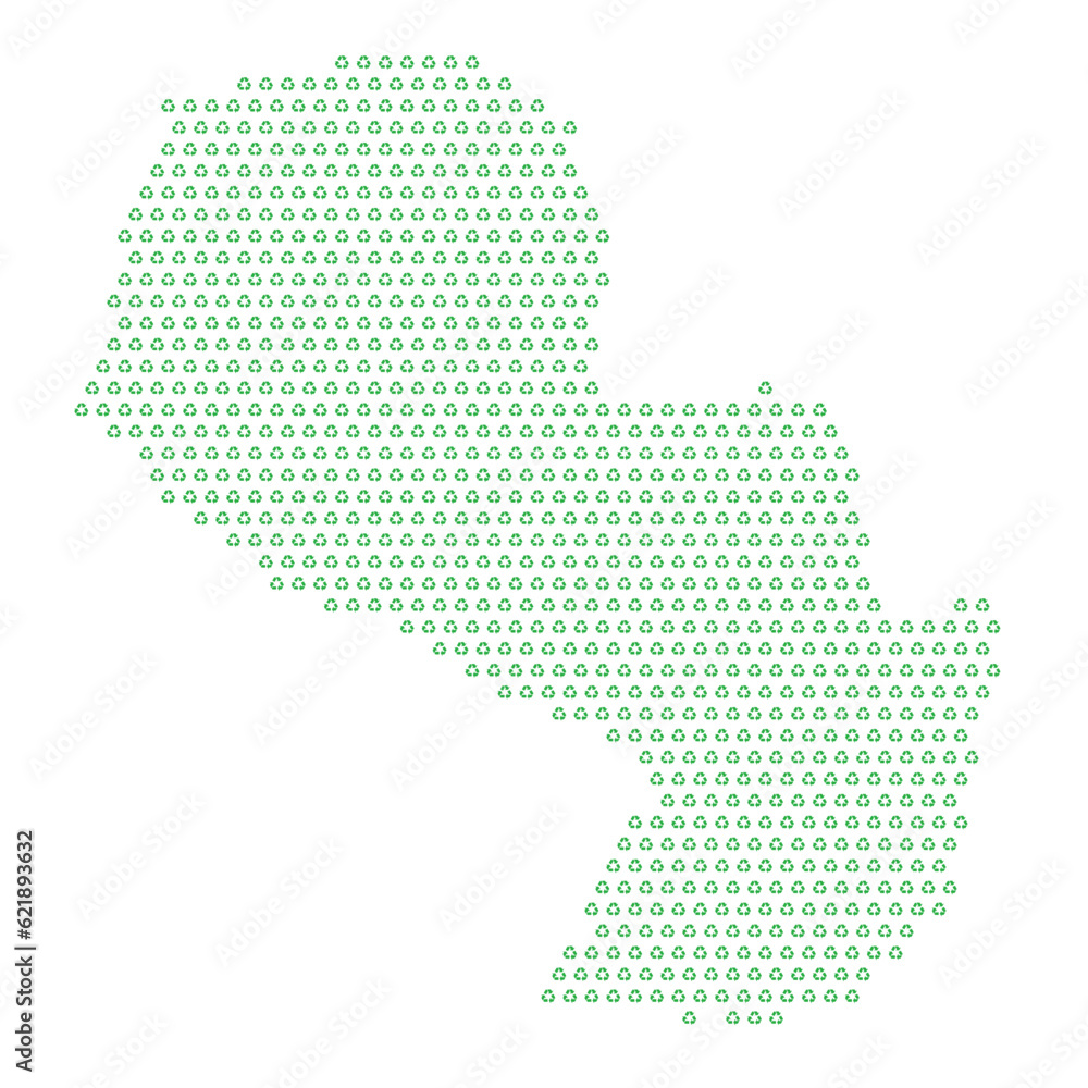 Map of the country of Paraguay  with green recycle logo icons texture on a white background