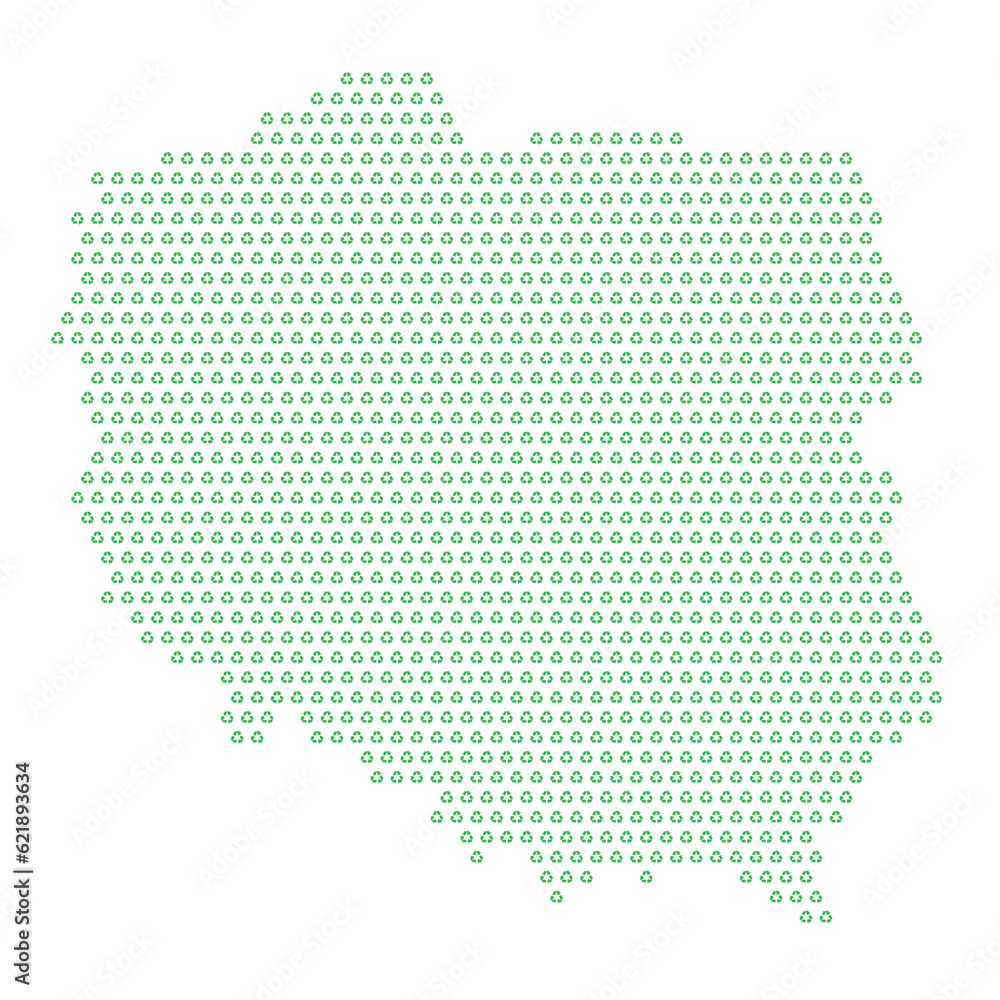 Map of the country of Poland  with green recycle logo icons texture on a white background