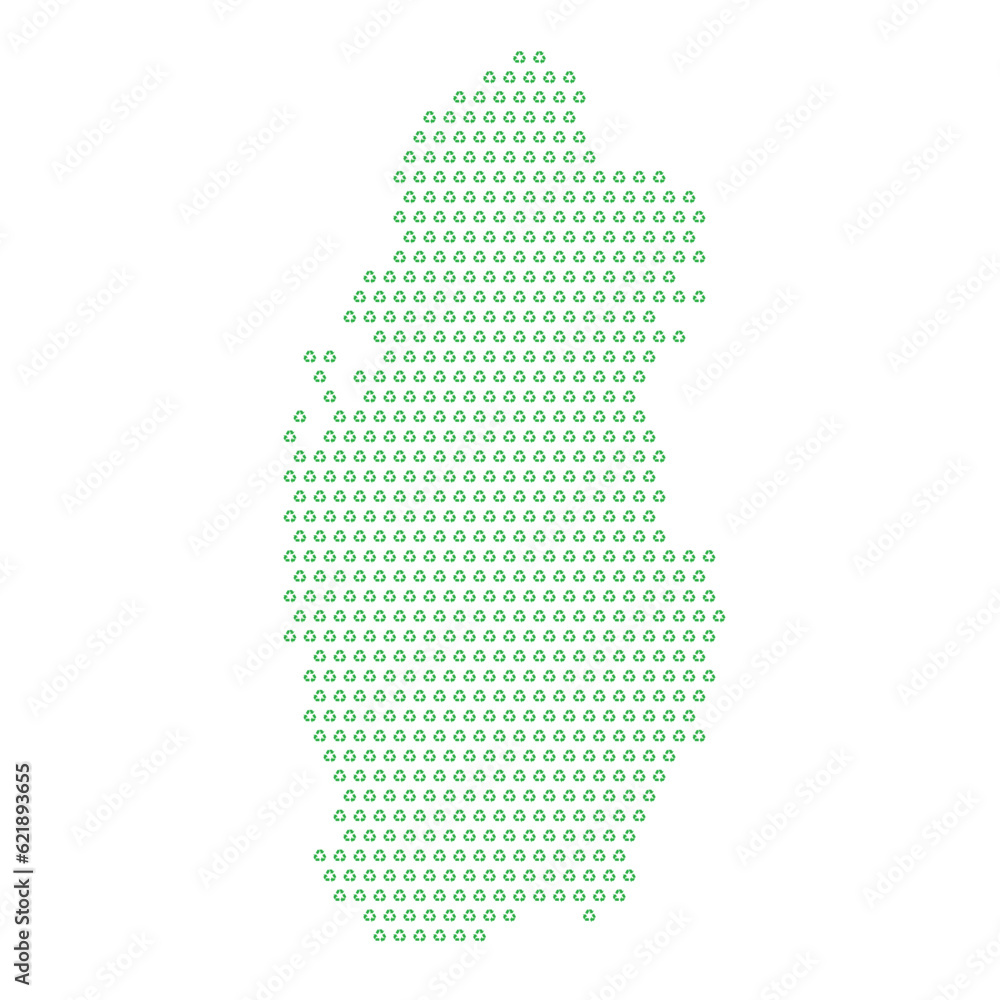 Map of the country of Qatar  with green recycle logo icons texture on a white background