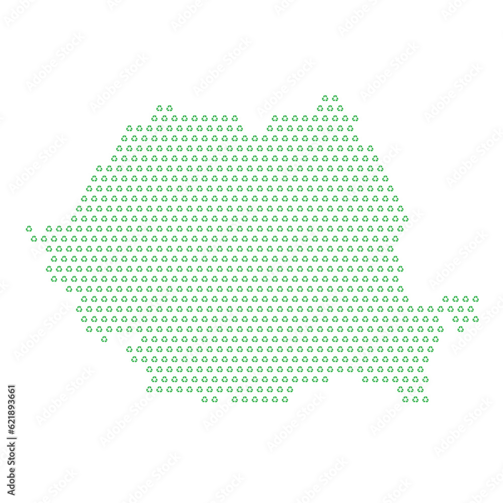 Map of the country of Romania  with green recycle logo icons texture on a white background