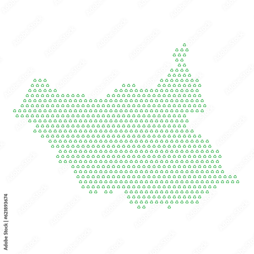 Map of the country of S. Sudan  with green recycle logo icons texture on a white background