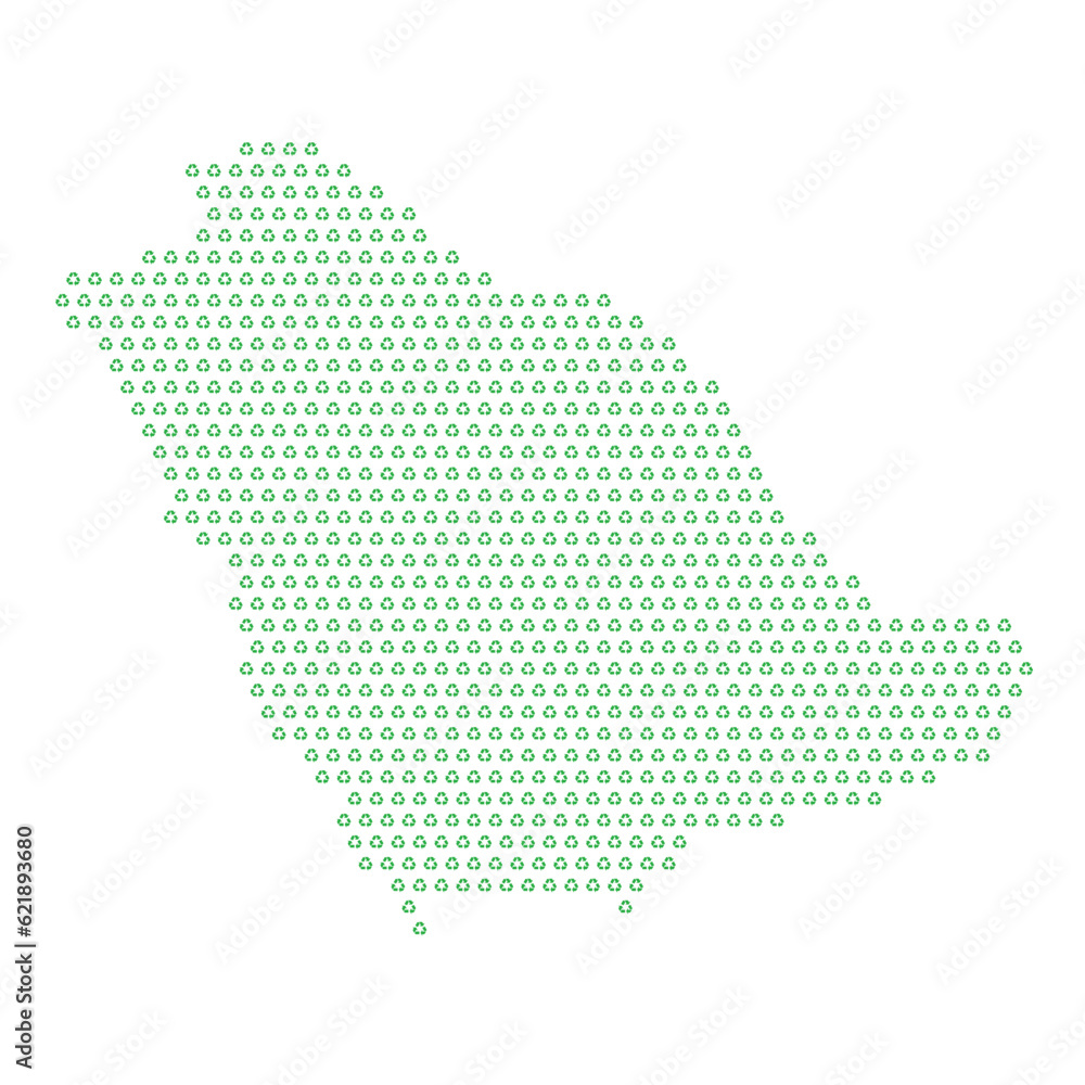 Map of the country of Saudi Arabia  with green recycle logo icons texture on a white background