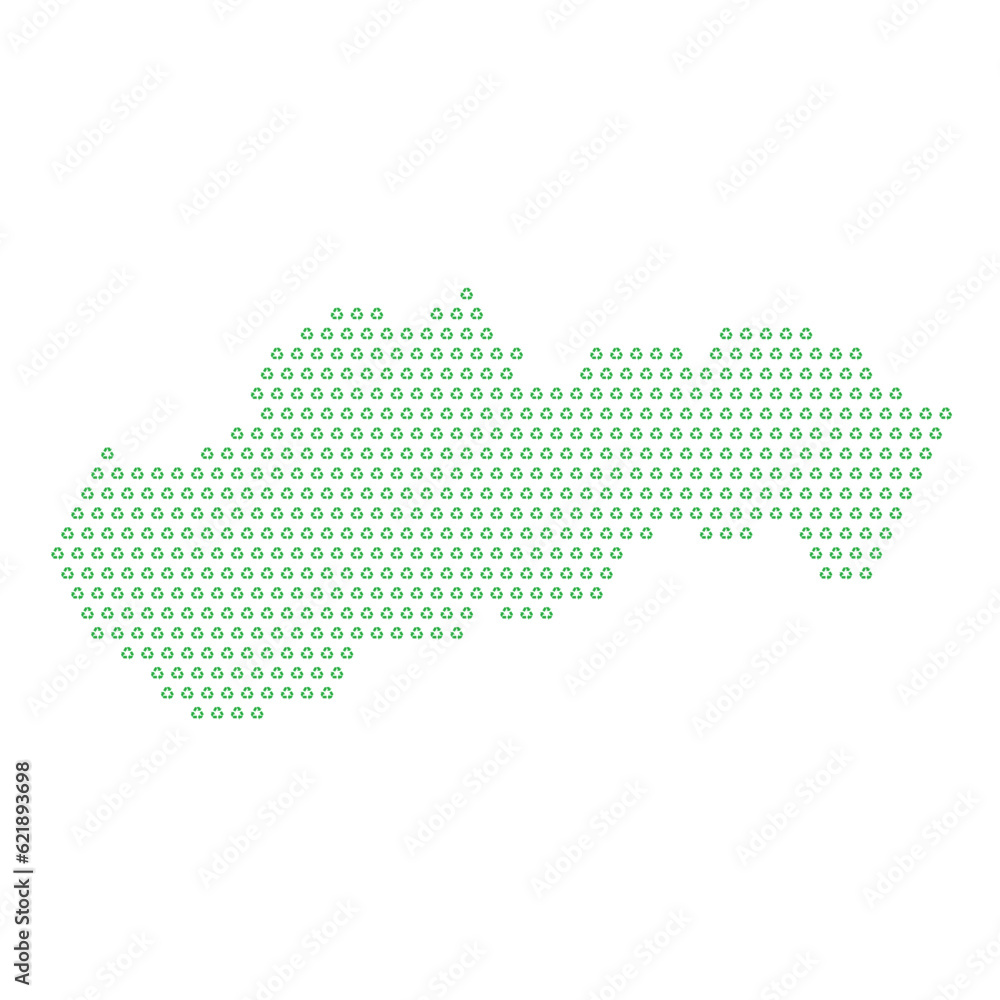 Map of the country of Slovakia  with green recycle logo icons texture on a white background