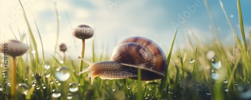 Banner snail in grass with morning dew. Grass and clover leaves in droplets of water in spring summer nature on background blue sky with clouds. Ai generative.