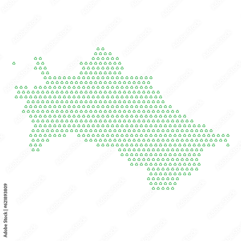 Map of the country of Turkmenistan  with green recycle logo icons texture on a white background