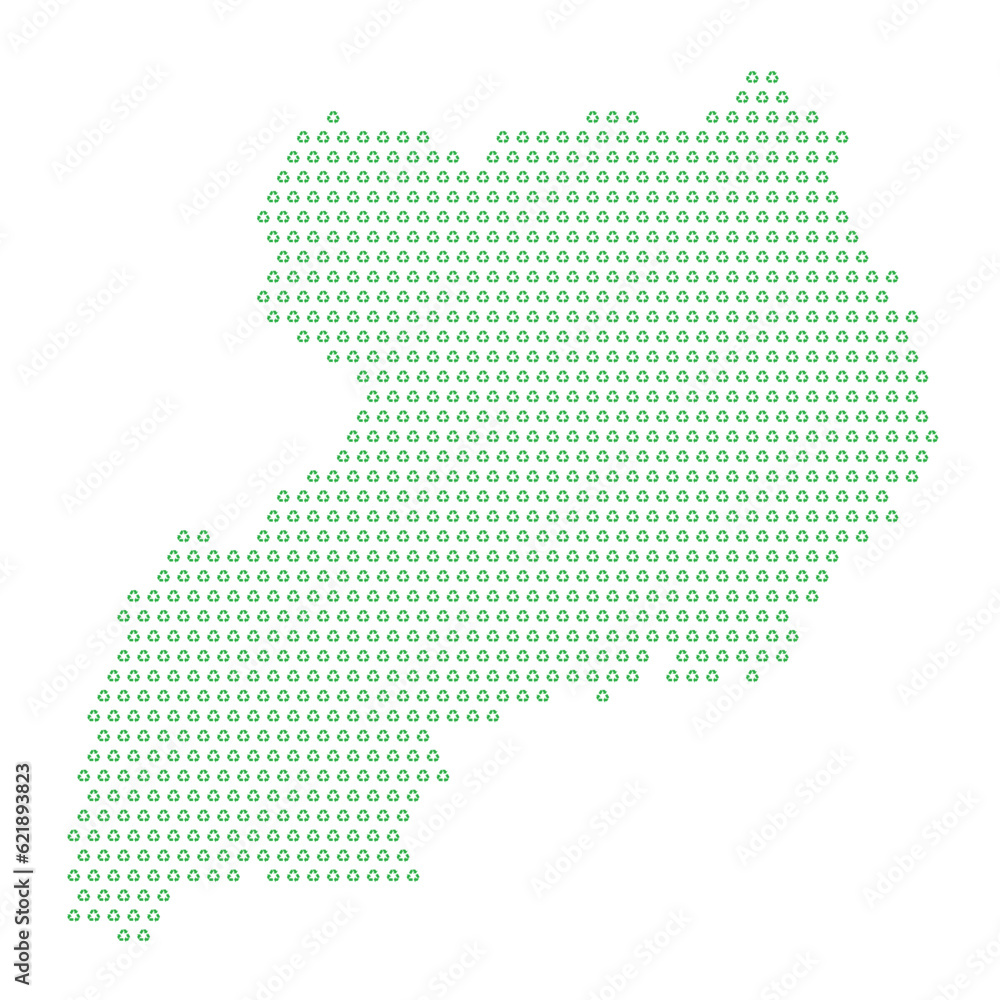 Map of the country of Uganda  with green recycle logo icons texture on a white background