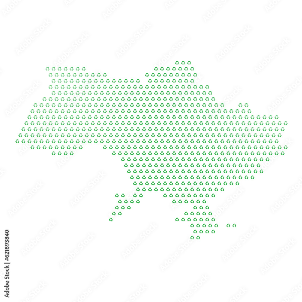Map of the country of Ukraine  with green recycle logo icons texture on a white background