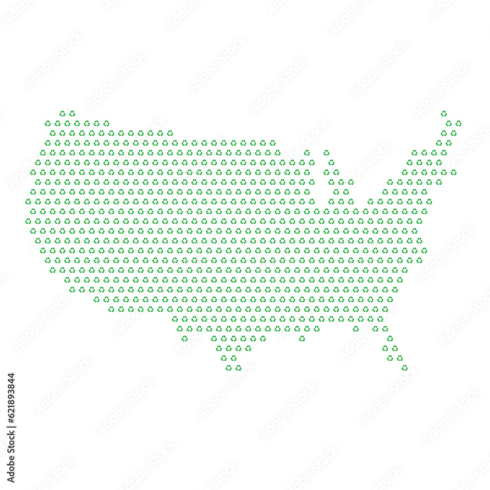 Map of the country of United States of America  with green recycle logo icons texture on a white background