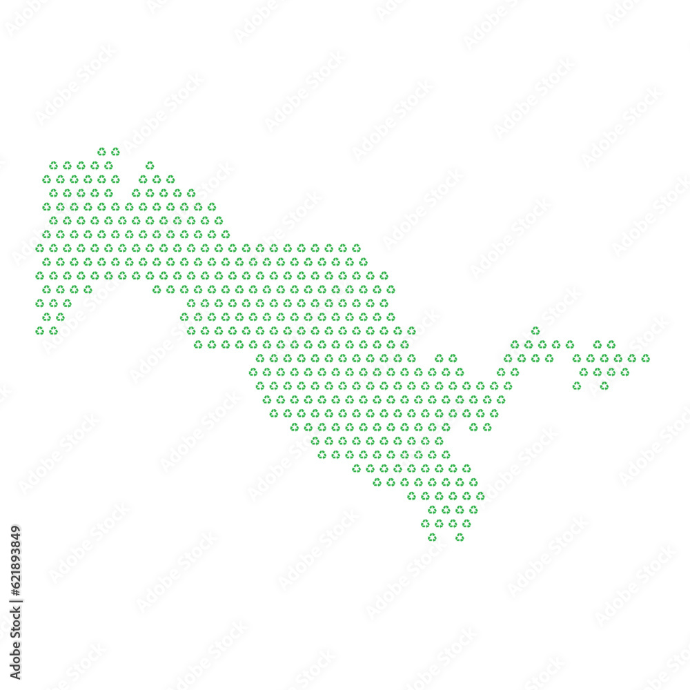 Map of the country of Uzbekistan  with green recycle logo icons texture on a white background