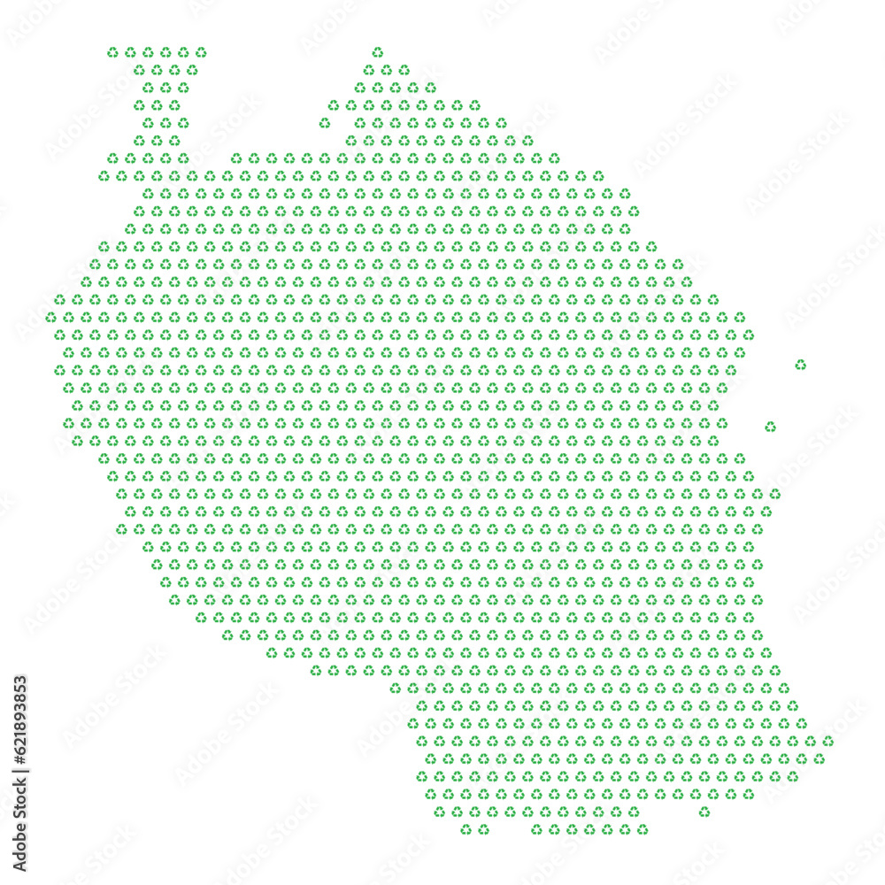 Map of the country of United Republic of Tanzania  with green recycle logo icons texture on a white background