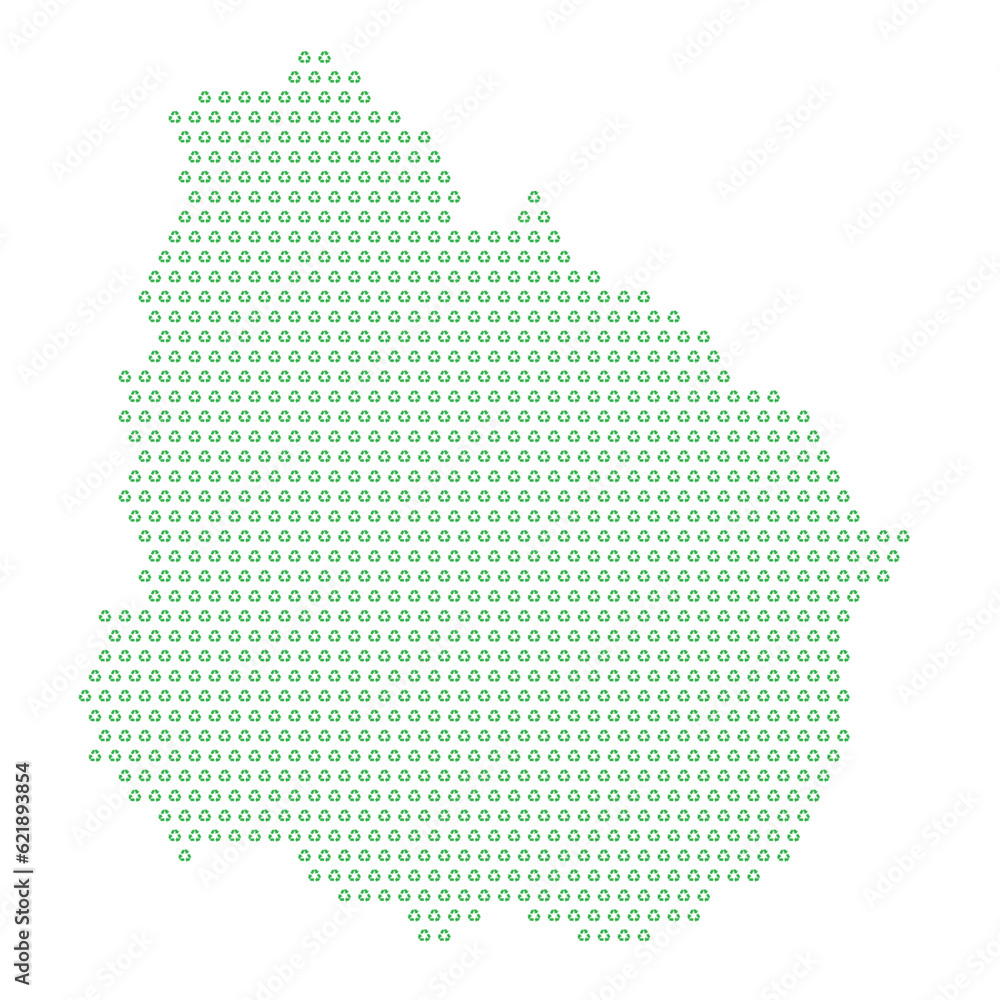 Map of the country of Uruguay  with green recycle logo icons texture on a white background