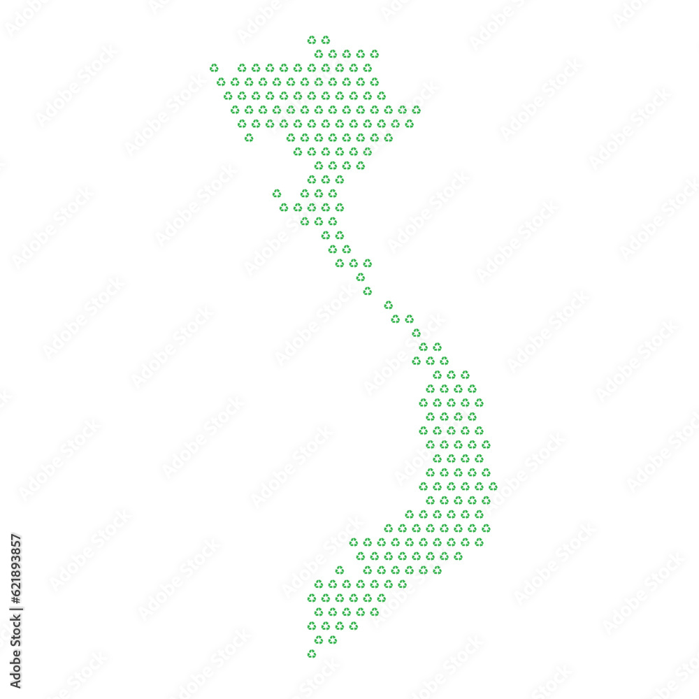 Map of the country of Vietnam  with green recycle logo icons texture on a white background