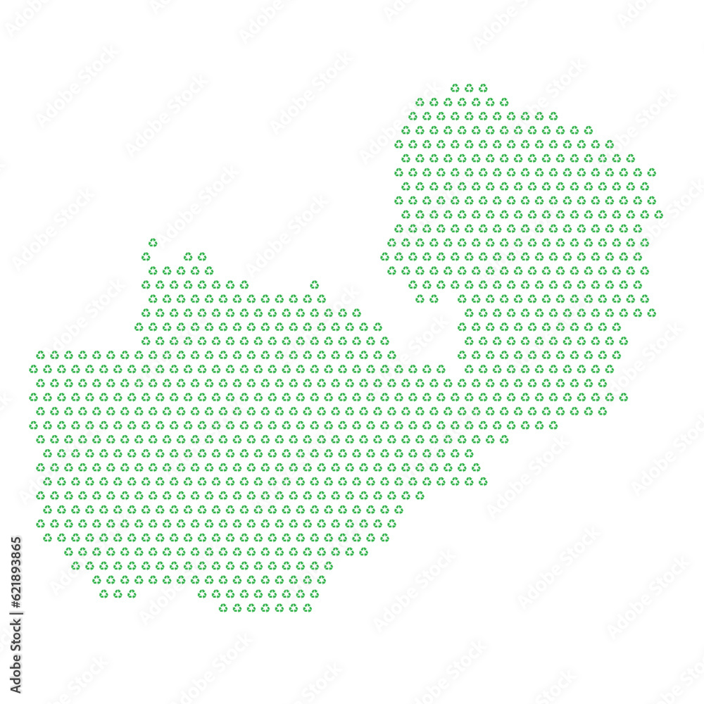Map of the country of Zambia  with green recycle logo icons texture on a white background