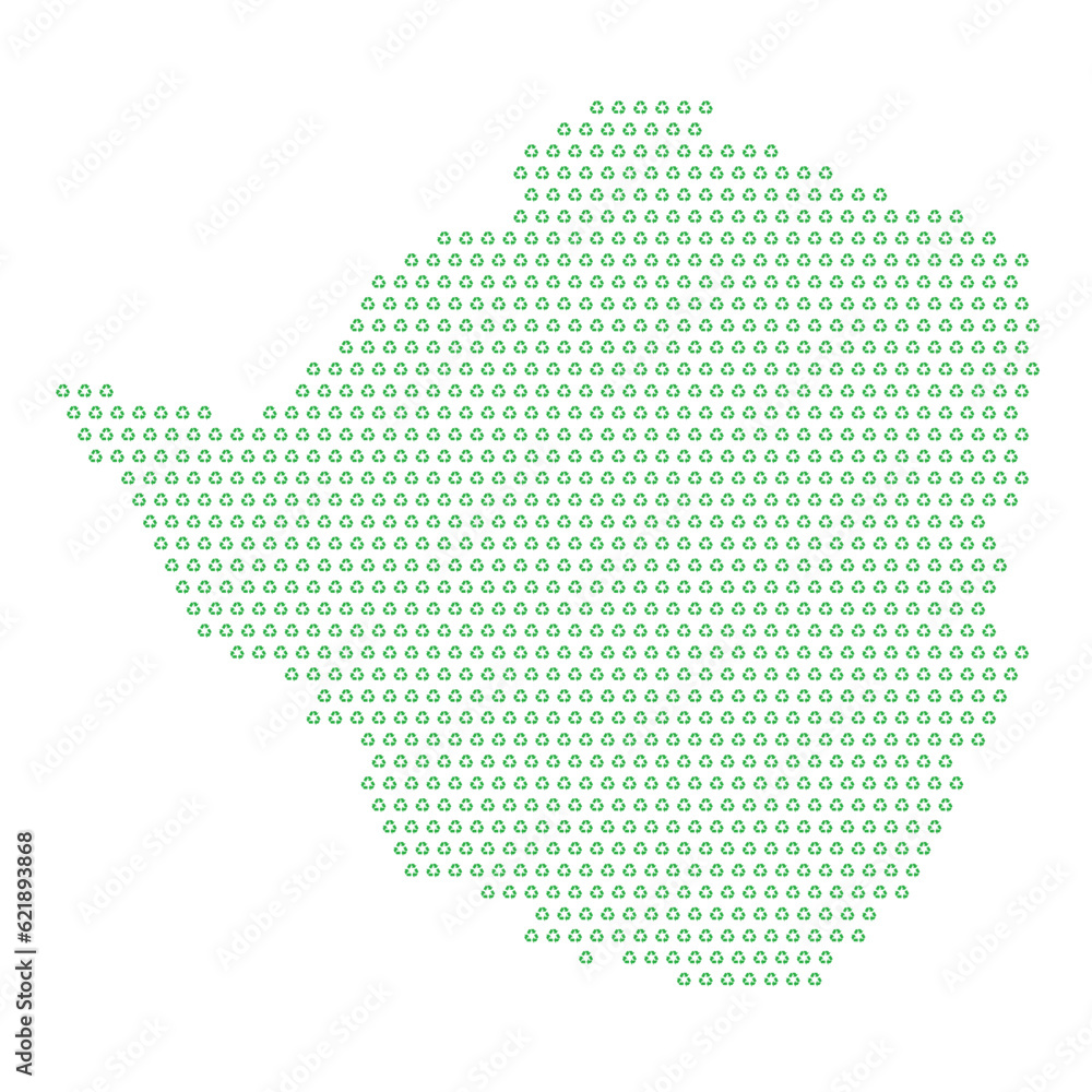 Map of the country of Zimbabwe  with green recycle logo icons texture on a white background