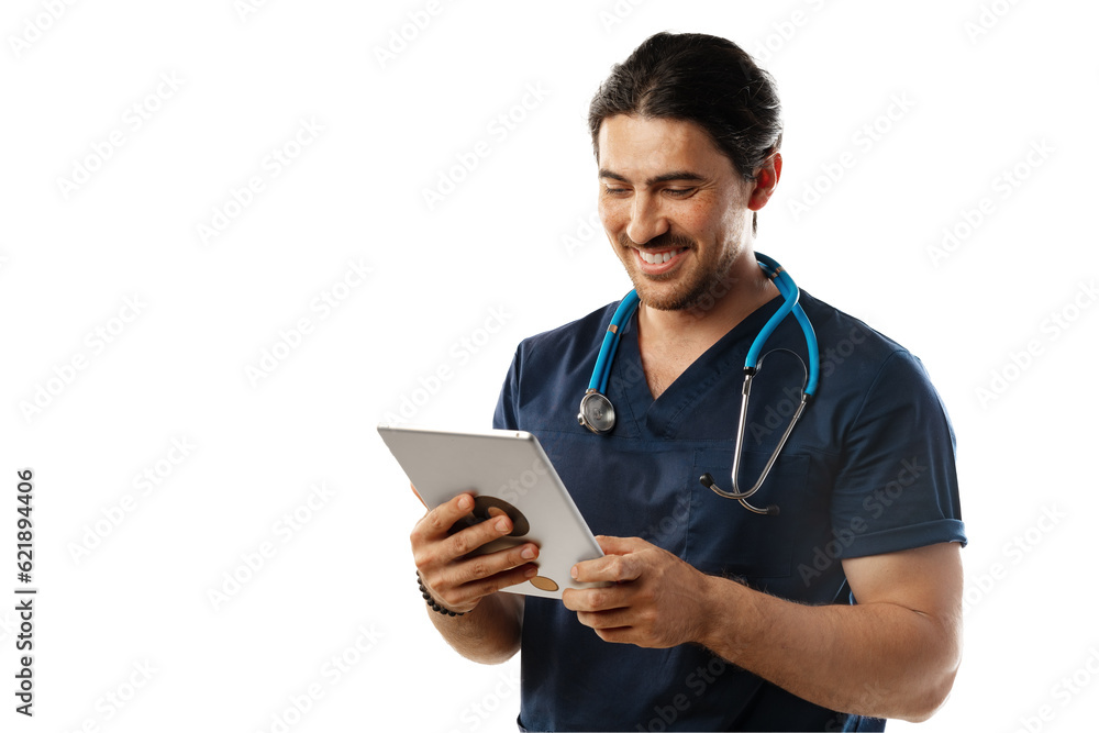 Young Asian doctor with stethoscope using a digital tablet isolated on white background Young Asian doctor with stethoscope using a digital tablet isolated on white background