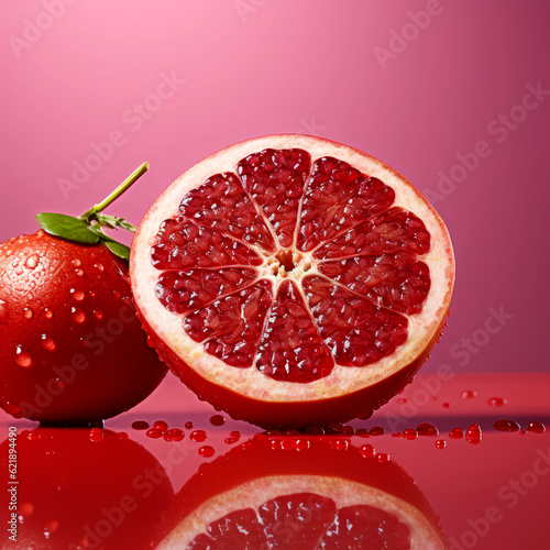 Fresh cut grapefruit on the red and pink background with reflection and water drops