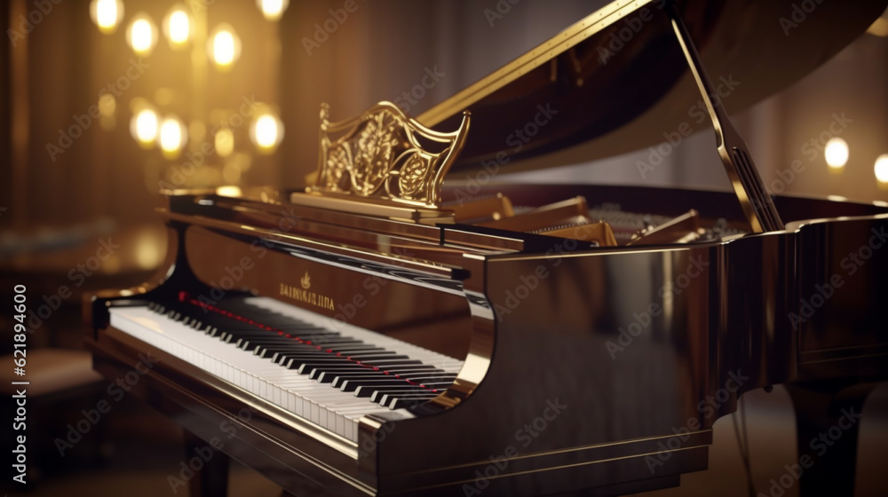 Fototapeta premium A grand piano in a room with chandeliers, Generative AI