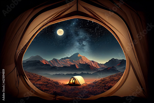 View of the moon from an open tourist tent  hiking and traveling concept