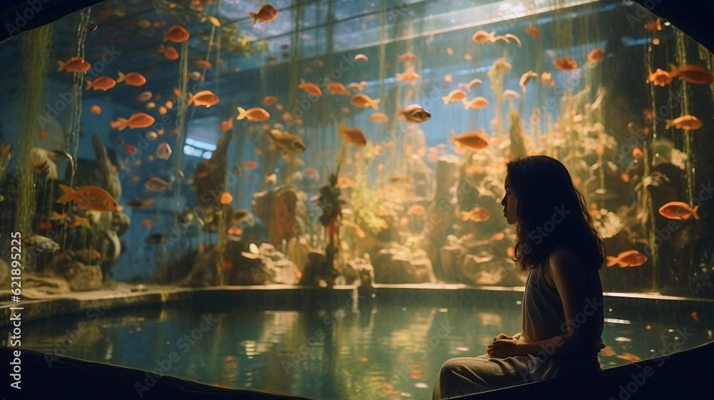 Fototapeta premium A woman sitting in front of a fish tank, Generative AI