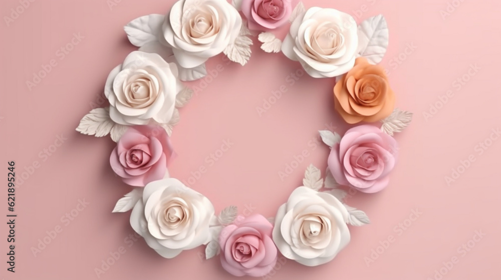 Paper flowers arranged in a circle on a pink background,  Generative AI