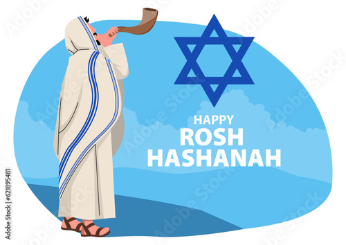Clip art of Jewish man blowing the Shofar ram’s horn on Rosh Hashanah, vector illustration