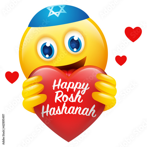 Cute Jewish emoticon holding heart symbol with text Happy Rosh Hashanah isolated on white