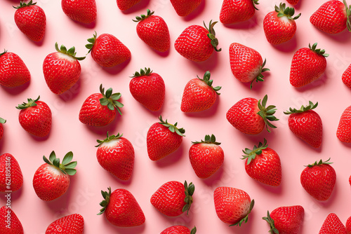 Fresh strawberries pattern on pink background. Top view. Copy space