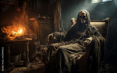 A skeleton sitting in a chair in a dark room. AI