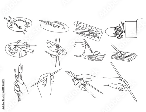 Palette with brush сontinuous one line drawing vector. Artist illustration for logo, prints, t-shirts
