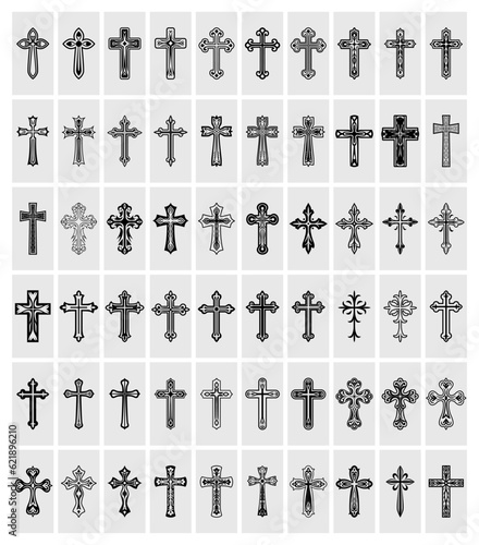 Flat Vector Christian Cross Icons. Line Silhouette Cut Out Black Christian Crosses Collection Isolated.