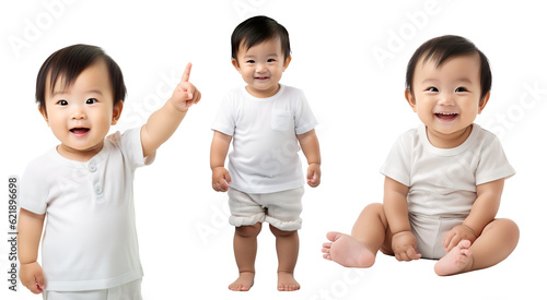 set of Asian happy, smiling baby toddler child in different poses - standing, pointing up, sitting. on transparent background