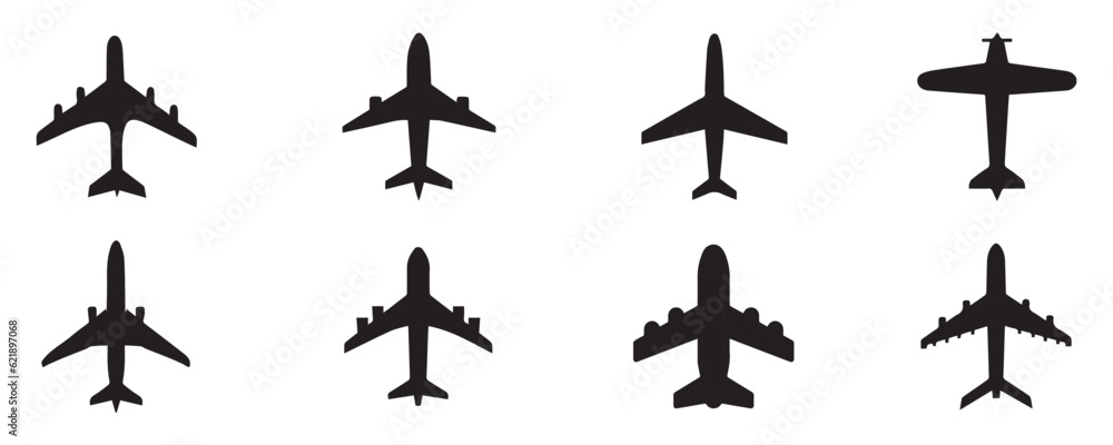 Black airplane icon collection. Set of black plane silhouette icon. Vector Illustration. Vector Graphic. EPS 10