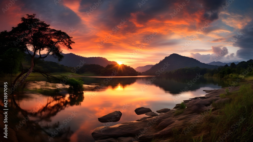 Fototapeta premium sunset rainforest panorama, jungle river with tropical vegetation in Colombia