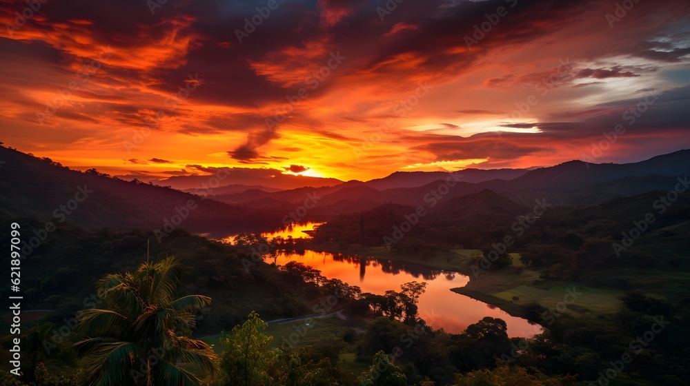 sunset rainforest panorama, jungle river with tropical vegetation in Colombia