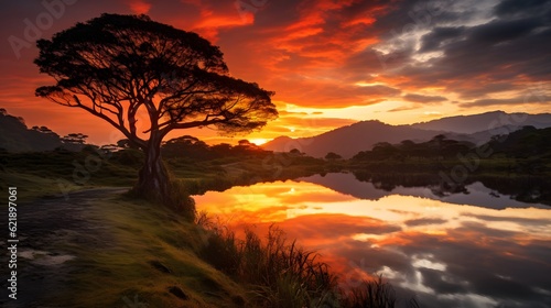 sunset rainforest panorama, jungle river with tropical vegetation in Colombia