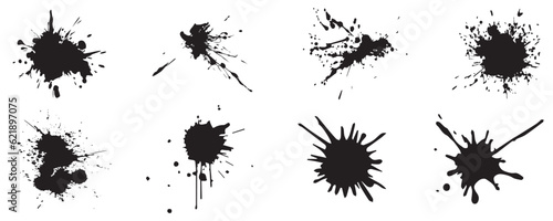 Paint ink splatter, stains set. Splash of paints with drops. High level of tracing and many details. Illustration splash and drip design, silhouette blob spray collection. Vector Illustration. EPS 10