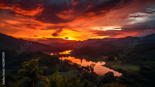 sunset rainforest panorama, jungle river with tropical vegetation in Colombia
