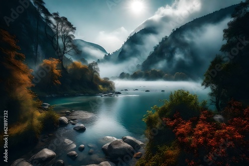 river in the forest surrounding mountains GENERATIVE AI