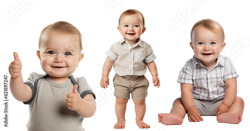 happy, smiling Caucasian toddler kid in different poses - sitting, standing, giving thumbs up. On transparent background photo