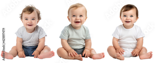 Set of happy, smiling Caucasian toddler baby kid in sitting pose. On transparent background