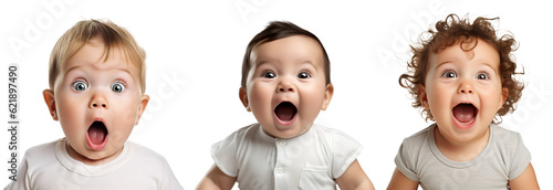 Set of portraits of an excited, shocked, surprised happy Caucasian child baby toddler on transparent background