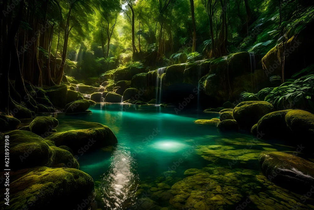 waterfall in the jungle with rocks eye relaxing view GENERATIVE AI