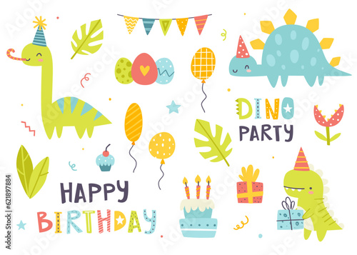 Bright dino birthday party set. Cute doodle dinosaurs celebration collection. Stickers bundle with festive dino and decoration.