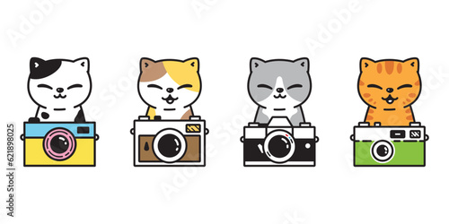cat vector kitten icon film camera photographer neko calico pet cartoon character doodle symbol tattoo stamp scarf illustration design isolated
