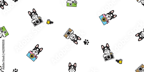 dog seamless pattern french bulldog film camera photographer footprint puppy paw pet bread vector doodle cartoon gift wrapping paper tile background repeat wallpaper scarf isolated illustration design