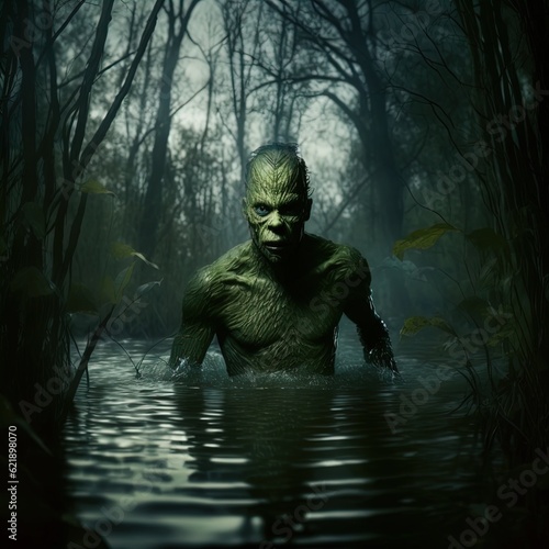 A creepy Merman/Swamp creature emerges from the swamp. Half fish, half man. Great for horror, suspense, alien etc.  photo