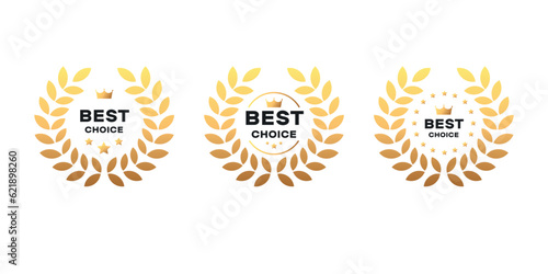 Set of badge best seller, best choice, best price, best quality. Gold logo design with wreath laurel. Vector illustration. Dark grey text on white background.