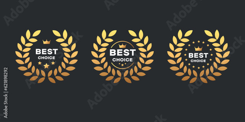 Set of badge best seller, best choice, best price, best quality. Gold logo design with wreath laurel. Vector illustration. White text on a dark background.