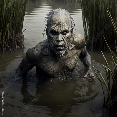 A creepy Merman Swamp creature emerges from the swamp. Half fish  half man. Great for horror  suspense  alien etc. 