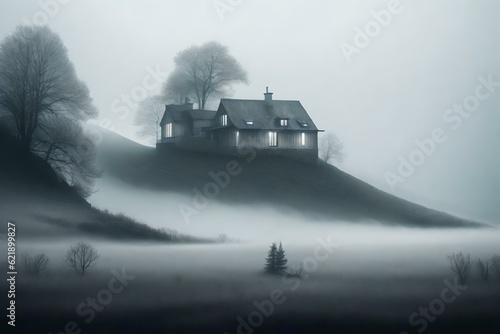 misty morning with mysterious house in the fog GENERATIVE AI